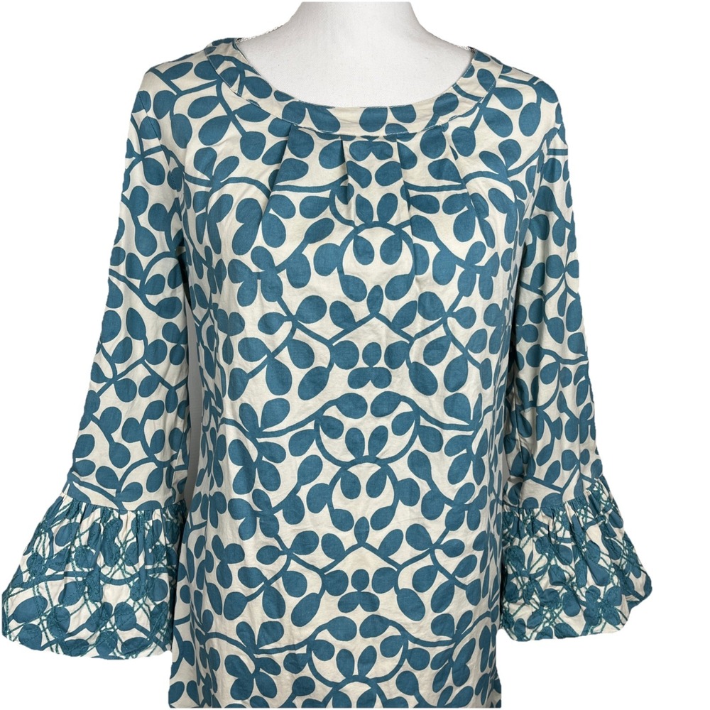 Almatrichi Vintage Teal Ivory Bell Sleeve Dress Women's‎ Size 44/12 - Picture 2 of 8